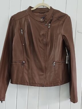 Kaari Blue Women's Brown Faux Leather Zip Moto Jacket